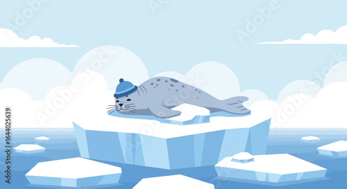Cartoon seal wearing a blue hat resting on an iceberg in a serene arctic scene