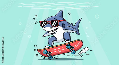 Cartoon shark riding a skateboard underwater embodying a fun and playful vibe