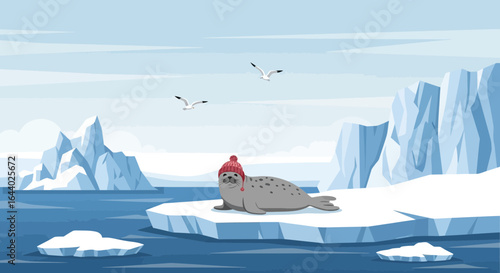 Cartoon Seal with a Red Hat on Iceberg in Arctic Landscape With Seagulls Flying