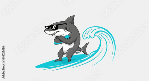 Cartoon shark surfer riding a wave with sunglasses showing off its surfing skills