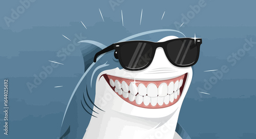 Cartoon shark with a big smile and sunglasses radiating confidence and happiness illustration