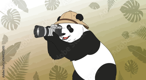 Cartoon illustration of a panda bear photographer taking wildlife photos in jungle environment
