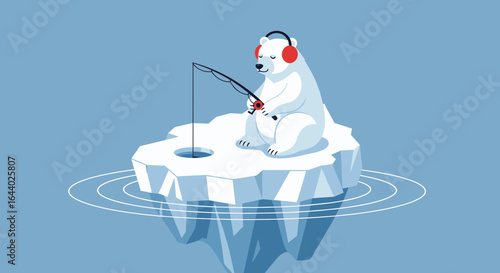 Cartoon illustration of a polar bear fishing on a melting iceberg with headphones on his head isolated on light blue background