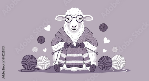 Cartoon Sheep Knitting a Sweater with Yarn Balls and Hearts in a Cozy Illustration