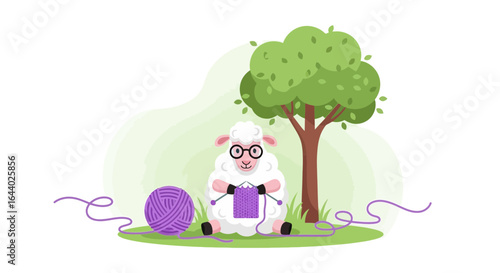 Cartoon sheep knitting under a tree on a sunny day illustrating relaxation and creativity enjoying hobby outdoors
