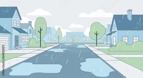 Cartoon illustration of a rainy day in a suburban neighborhood featuring houses and puddles