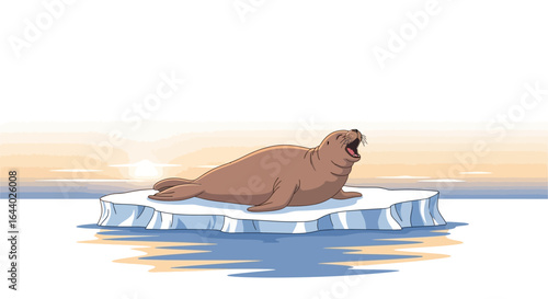 Cartoon illustration of a seal on an iceberg with its mouth open basking in the sun showing the effects of global warming