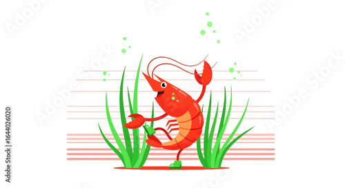 Cartoon shrimp dancing among aquatic plants in an underwater environment illustration