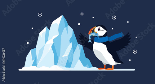 Charming vector illustration of a puffin holding a fish in a winter scene with iceberg