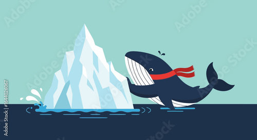 Charming whale with scarf illustration amidst iceberg environment creating captivating cartoonish sea illustration