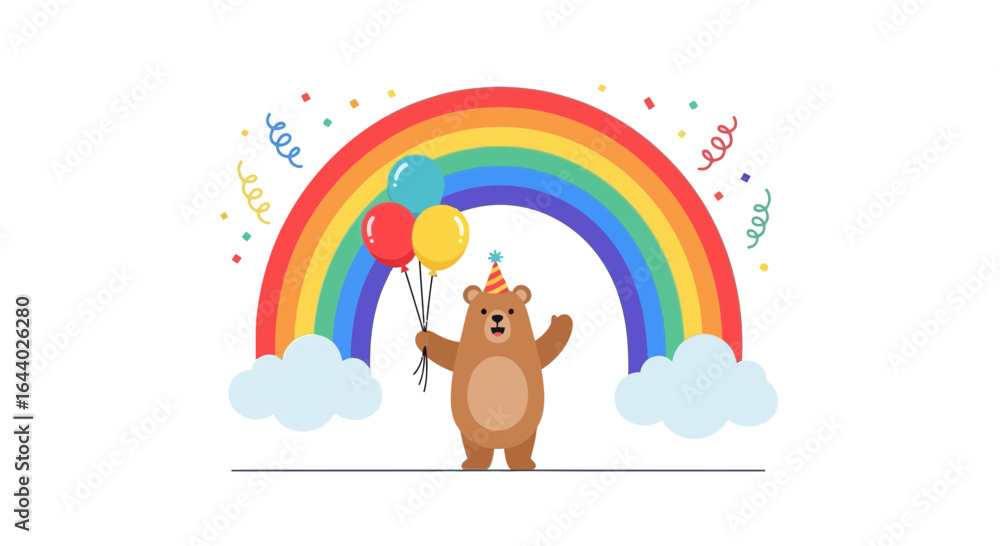 Obraz premium Cheerful birthday bear illustration with rainbow, balloons and confetti background