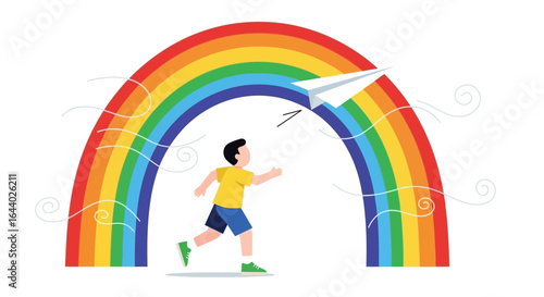 Chasing Dreams Boy Runs Under Rainbow Paper Airplane Imagination Concept