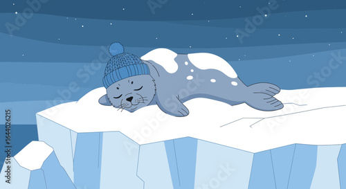 Cartoon illustration of a sleeping seal wearing a winter hat on an iceberg under the stars at night