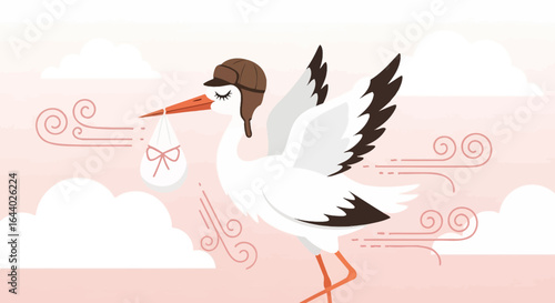 Cartoon stork delivering a baby with pilot hat in a sky filled with clouds and swirls