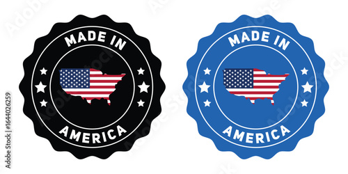Made in america badge with the american flag and map of the usa isolated on white background