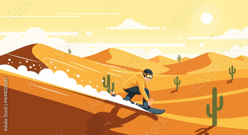 Cartoon illustration of a snowboarder sliding down a sand dune in the desert landscape with cacti