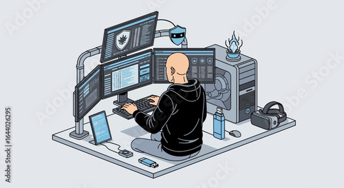 Cartoon illustration of a software developer working on multiple monitors with a clean coding workspace and cybersecurity measures