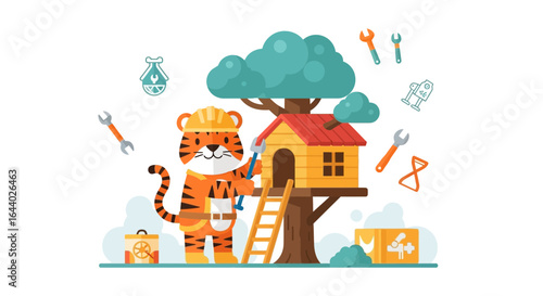 Cartoon tiger building a treehouse with tools, adorable and whimsical illustration showcasing construction and creativity of animals