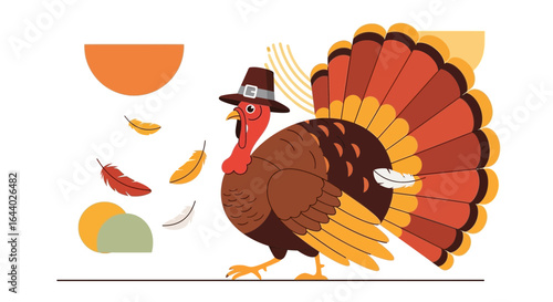 Cartoon illustration of a turkey wearing a pilgrim hat for Thanksgiving holiday celebration festive background illustration