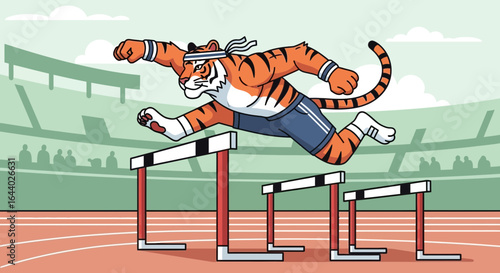 Cartoon Tiger Jumps Over Hurdles at an Athletic Stadium for Success