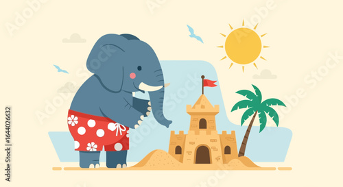 Cheerful cartoon elephant enjoying summer vacation building sandcastle at the beach