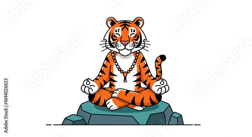 Cartoon tiger meditating on a rock with beaded necklace in lotus position illustration