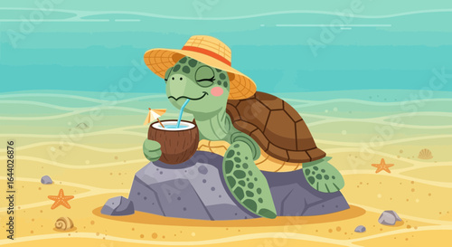 Cartoon turtle enjoying a tropical drink on a sandy beach vacation scene