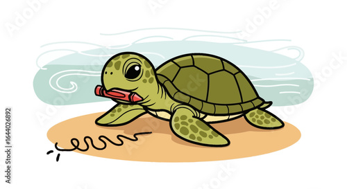 Cartoon turtle with plastic straw causing pollution on the ocean shore illustration