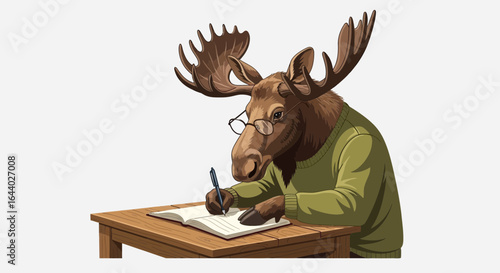 Cartoon illustration of an anthropomorphic moose writing at a wooden desk with a pen