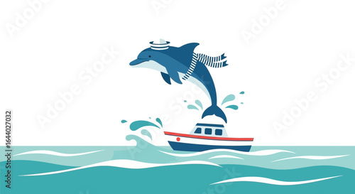 Cheerful Dolphin Jumps over a Classic Boat on the Ocean Sea Waves