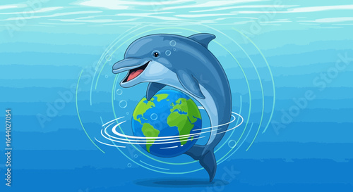 Cheerful Dolphin Holding Globe Underwater for Conservation Awareness Concept