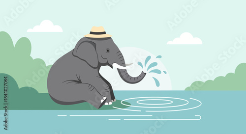 Cartoon illustration of an elephant wearing a hat and spraying water in a lake