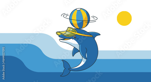 Cheerful Dolphin Balancing Ball on Head Wearing Visor in Blue Ocean Waters