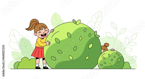 Cartoon illustration of children playing hide and seek behind green bushes in a garden joyful outdoor activity for kids happy childhood moments
