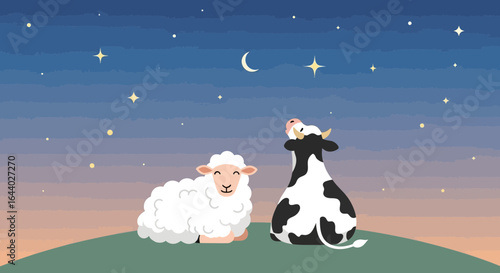 Cartoon Illustration of Cow and Sheep Gazing at Stars Under a Crescent Moon with serenity