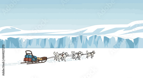 Cartoon Illustration of Dog Sled Team Pulling Sledge Across Arctic Landscape on Snowy plains