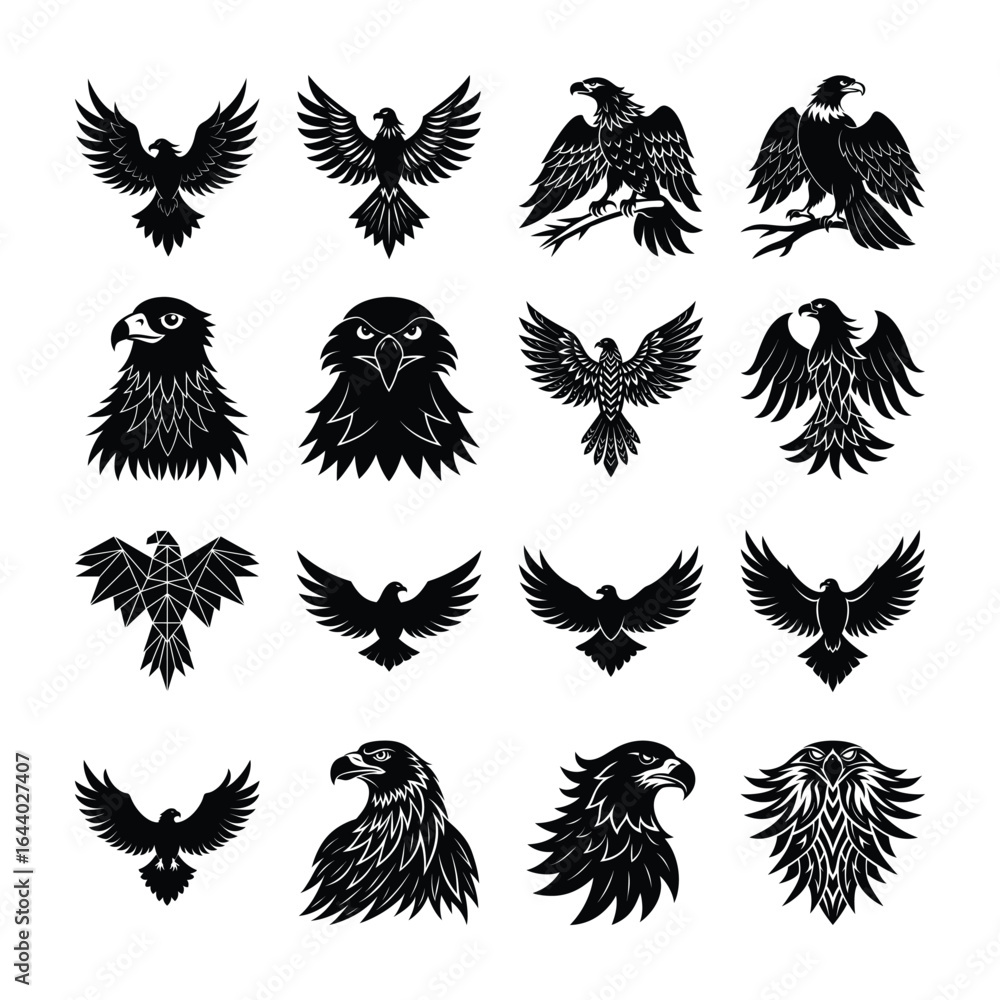 Obraz premium Eagle Silhouette Vector Bundle – Flying Eagle, Hawk, Falcon Designs for Logos and Tattoos