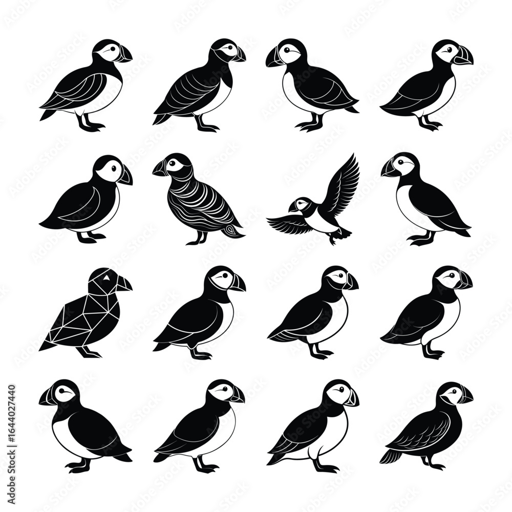 Fototapeta premium Puffin Bird Silhouette Vector Bundle – Arctic Seabird Clipart Set for Wildlife and Nature Designs