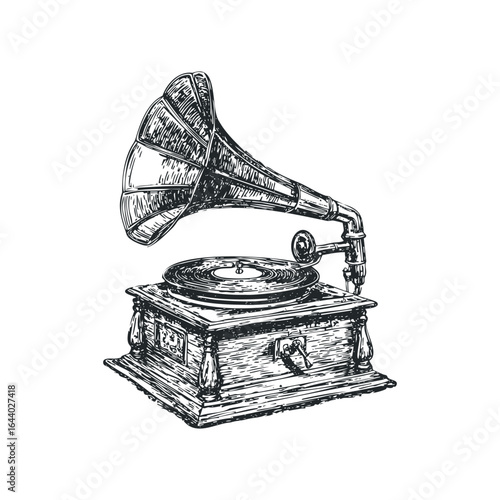Vintage Gramophone with Horn and Record