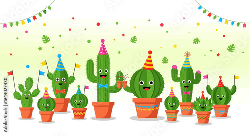 Celebrate with cheerful cartoon cacti in pots, adorned with party hats and decorations for a fun and festive occasion
