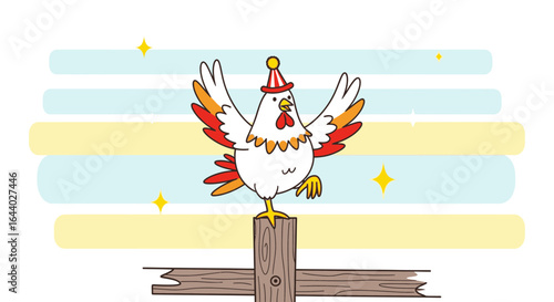 Celebrating Cartoon Chicken with Party Hat Standing on Wood Post with Joyful Expression