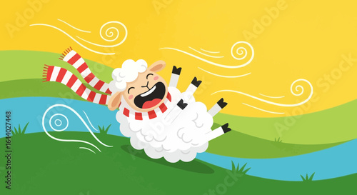 Cheerful sheep enjoying a windy day in the countryside vector illustration