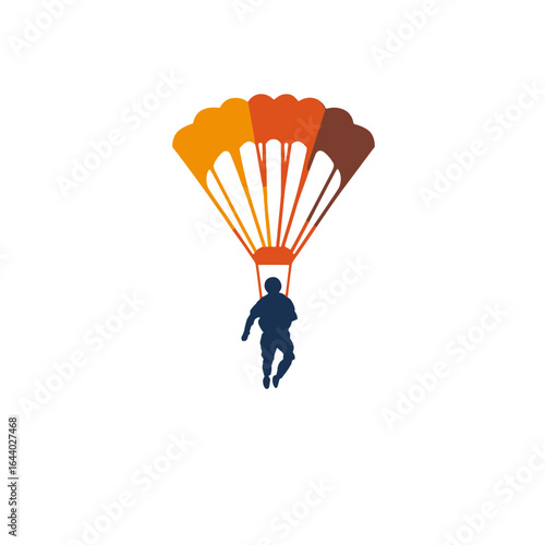 A skydiver silhouette descending under a colorful parachute.