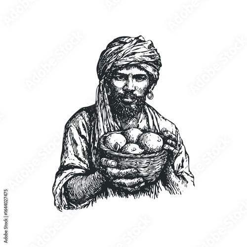 Man wearing turban holding basket of fruits