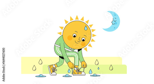 Cartoon illustration of sun character tying shoelaces with moon in background weather humor and personification illustration
