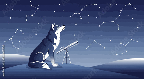 Celestial Canine A Wolf Gazing at Constellations With Telescope Under The Night Sky