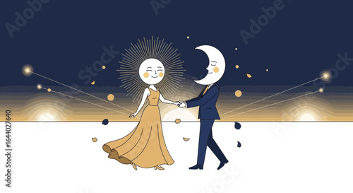 Celestial Dance: A Whimsical Illustration of Sun and Moon in Harmonious Union