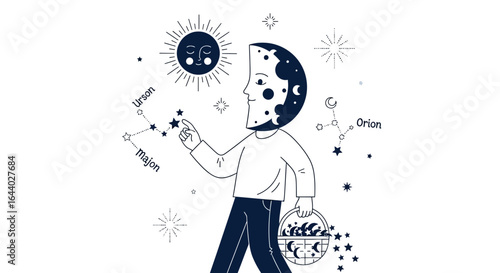 Celestial Dreamer: Moon Person Collecting Stars Under the Sun and Constellations
