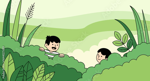Cartoon illustration of two boys playing hide and seek in a grassy field with green hues and simple shapes creating a whimsical outdoor scene