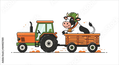 Cartoon illustration showcasing a joyful cow riding in a tractor-pulled cart, creating a whimsical farm scene